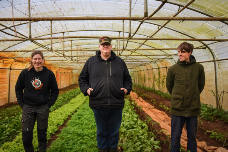 Drie cliënten van Samenpunt in een serre bij Mangelmoes
